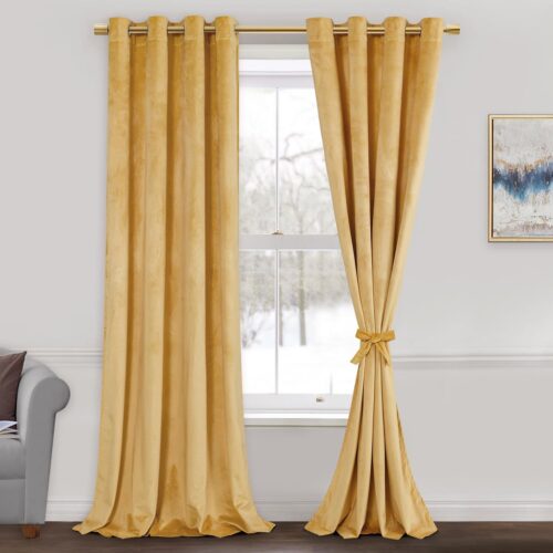 Velvet Blackout Curtains for Living Room - Thermal Insualted Room Darkening Grommet Window Drapes for Bedroom/Hotel Hall/Wedding, Set of 2 Panels, 52 x 84 inches, Yellow