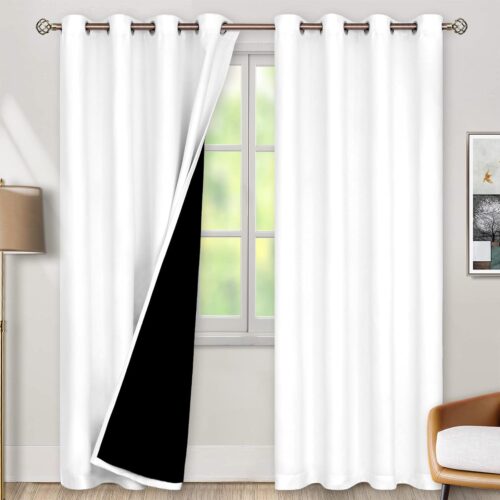 Full Blackout Curtains for Living Room Window 84 Inch Length 2 Panels Set, Thermal Insulated Light Blocking Grommet Drapes for Bedroom Room Darkening with Black Liner, 52 Inch Wide Each, White