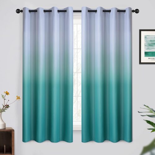 63 Inch Long Ombre Curtains,Thermal Insulated Light Blocking Greyish White to Teal Gradient Color Curtains, Room Darkening Grommet Window Drapes for Living Room/Bedroom(2 Panels,52W x 63L)