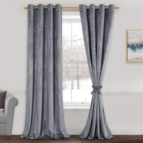 Grey Velvet Curtains 84 inches for Living Room - Thermal Insualted Room Darkening Grommet Thick Velvet Window Drapes for Bedroom/Dining Room, Set of 2 with Tiebacks, W52 x L84
