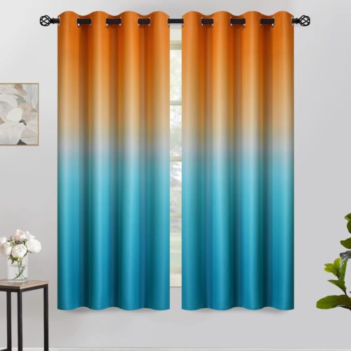 Grommet Orange and Blue Blackout Ombre Curtains for Living Room,Thickening Polyester Light Blocking Gradient Window Drapes for Kids/Girls Bedroom,2 Panels, 52x63inches