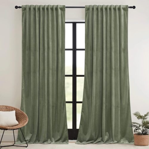 Sage Green Velvet Curtains 84 inch, Room Darkening Super Soft Velvet Drapes for Living Room Thermal Insulated Pleat Tapes Window Treatment for Bedroom Playroom, W52 x L84 inch, 2 Panels