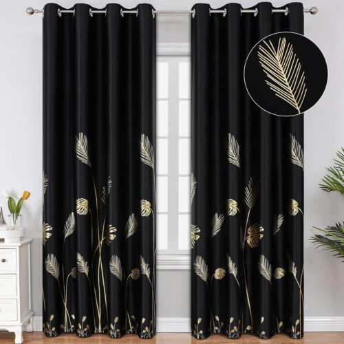 Black Blackout Curtains for Bedroom 84 Inches Long, Room Darkening Grommet Thermal Insulated Curtains for Living Room, Light Blocking Drapes with Gold Print Design,52Wx84L,2 Panels
