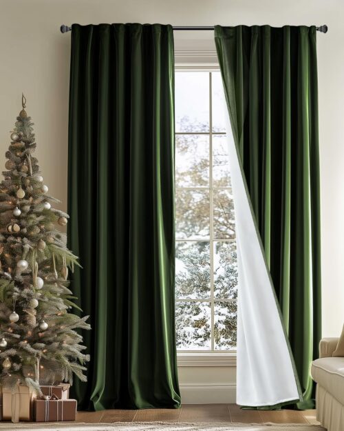 Green Blackout Velvet Curtains 96 Inches Long Thermal Insulated Room Darkening Lined Curtain Drapes Luxury Back Tab Window  for Bedroom Living Room 2 Panels, 52 x 96 Inch, Moss Green