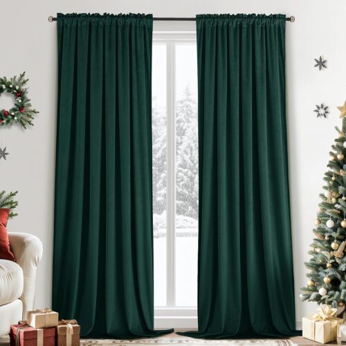 Nursery Sunlight Velvet Curtains - Elegant Interior Decoration Large Window Blackout Velvet Drapes for Living Room, 52 x 96 Inches Long, Dark Green, 2 Panels Rod Pocket