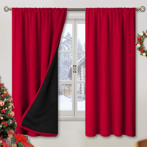 Christmas Thermal Insulated 100% Blackout Curtains for Bedroom Decoration with Black Liner, Double Layer Full Room Darkening Noise Reducing Rod Pocket Curtain (52 x 63 Inch, Red, 2 Panels)