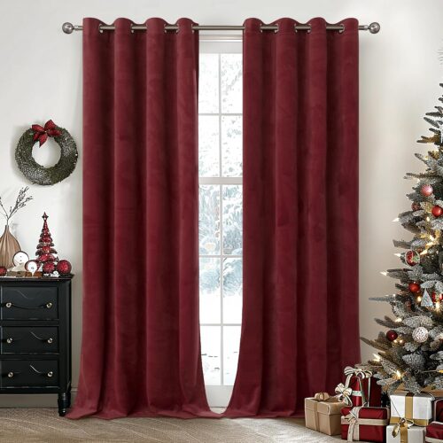 Burgundy Velvet Curtains 84 Inches Length for Living Room, Grommet Thermal Insulated Window Drapes Privacy for Bedroom Sliding Door Light Blocking Christmas Decor, 2 Panels, 52 X 84 Inch
