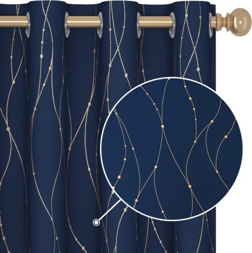Blackout Grommet Gold Pattern Printed Curtains, Navy Blue, 52W x 84L
