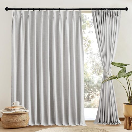 Natural Linen Curtains 100% Blackout for Sliding Glass Door, Pinch Pleated Linen Blend Window  Sound Reducing Room Divider for Bedroom/Living Room, W66 x L96, 2 Panels