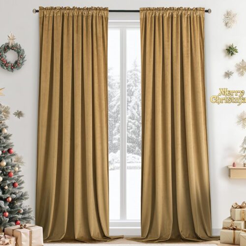 Nursery Sunlight Velvet Curtains - Elegant Interior Decoration Large Window Blackout Velvet Drapes for Living Room, 52 x 96 Inches Long, Gold Brown, 2 Panels Rod Pocket