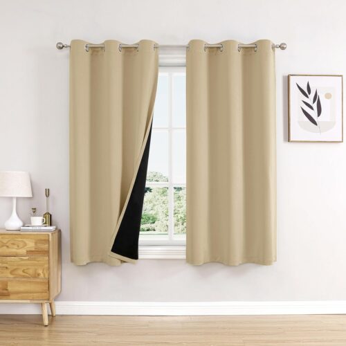 100% Blackout Curtains for Bedroom with Black Liner, 2 Thick Layers Total Blackout Thermal Insulated Grommet Window Curtains 2 Panels Set (Beige, 42 x 63 Inch)