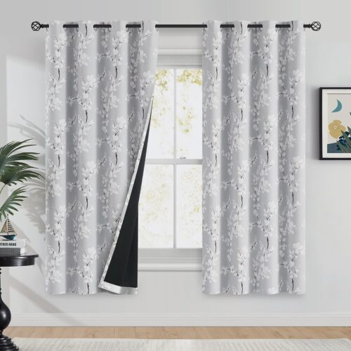 100% Blackout Floral Curtains for Bedroom, Grey Curtains 63 inch Length Blossom Flower Patterned for Living Room,Thermal Insulated Drapes Farmhouse, Grommet Top 2 Panels (White on Grey)