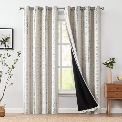 100% Blackout Boho Curtains 84 Inches Long for Bedroom Blue on Beige Geometric Printed Grommet Top Room Darkening Thermal Insulated Window Drapes 2 Panels