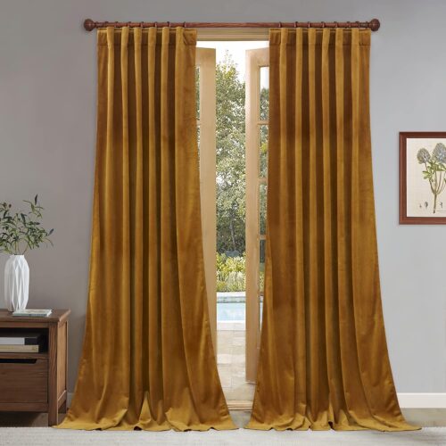 Velvet Curtains Mustard Gold - 96 inches Living Room Back Tab Window Curtains Super Soft Vintage Decor Drapes Light Blocking Thermal Insulated Sliding Door Curtains, W52 x L96, 2 Panels