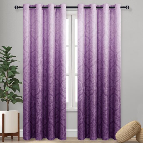 Ombre Blackout Curtains for Bedroom - Damask Patterned Thermal Insulated Energy Saving Grommet Curtains for Living Room, 1 Pair Gradient Window Curtain Panels, 52 x 84 Inches Long，Royal Purple