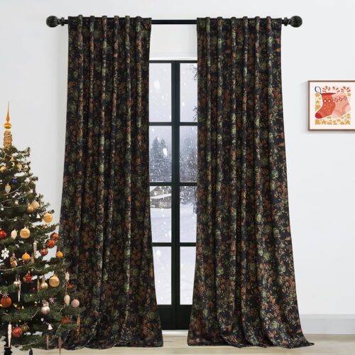 Back Tab Floral Velvet Curtains - Luxury Room Darkening Black Print Window Drapes 90 inches Long for Sliding Door Living Room/Bedroom/Room Divider, W52 x L90, 2 Panels