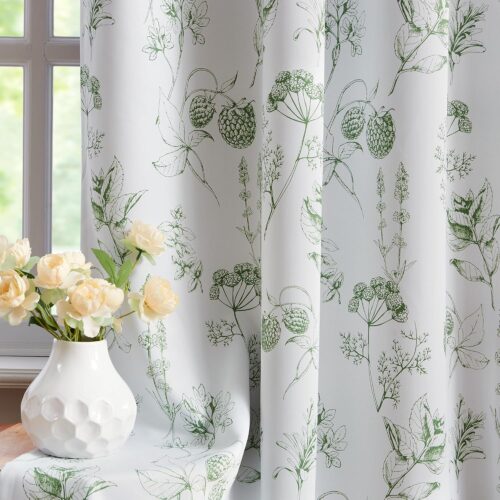 100% Blackout Floral Curtains 63 Inches Long for Bedroom, Sage Green Leaf Drapes for Living Room, Farmhouse Rod Pocket Back Tab Room Darkening Thermal Insulated Window Drapes 2 Panels