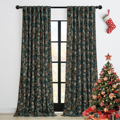 Green Velvet Curtains with Print Floral, Back Tab Luxury Window Panels 90 inches Long Thermal Insulated Room Darkening Drapes for Sliding Door, W52 x L90, 2 Panels